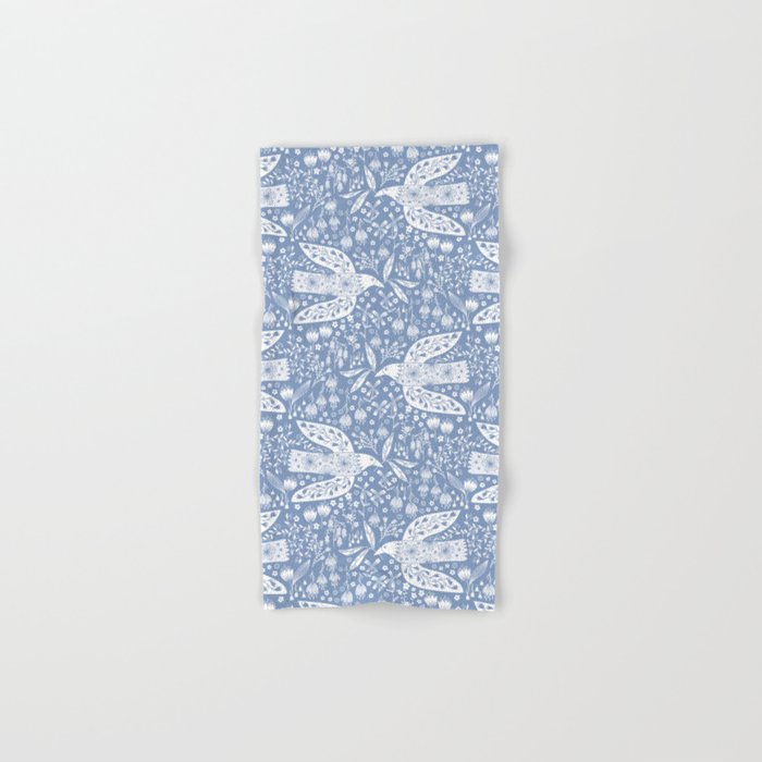 Doves and Flowers Bird Art White on Blue Bath Towel Gallery Image 1