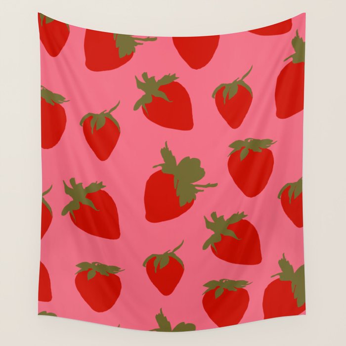 Strawberries Pattern on Pink Wall Tapestry Gallery Image 1