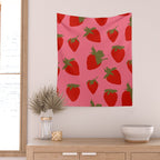 Strawberries Pattern on Pink Wall Tapestry Gallery Image 2