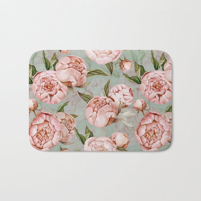 Peach Peonies Watercolor Pattern on Teal Sepia  Bath Mat Gallery Image 1