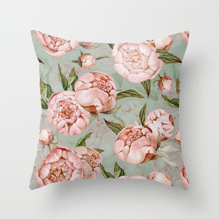 Peach Peonies Watercolor Pattern on Teal Sepia  Throw Pillow Gallery Image 6