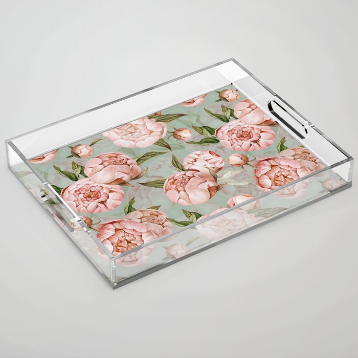 Peach Peonies Watercolor Pattern on Teal Sepia  Acrylic Tray Gallery Image 1