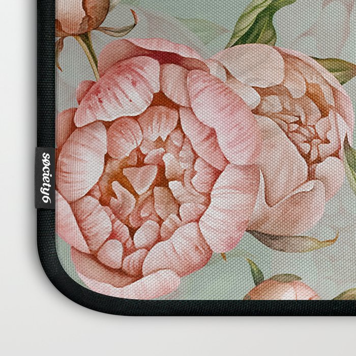 Peach Peonies Watercolor Pattern on Teal Sepia  Laptop Sleeve Gallery Image 3