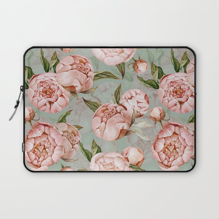 Peach Peonies Watercolor Pattern on Teal Sepia  Laptop Sleeve Gallery Image 1