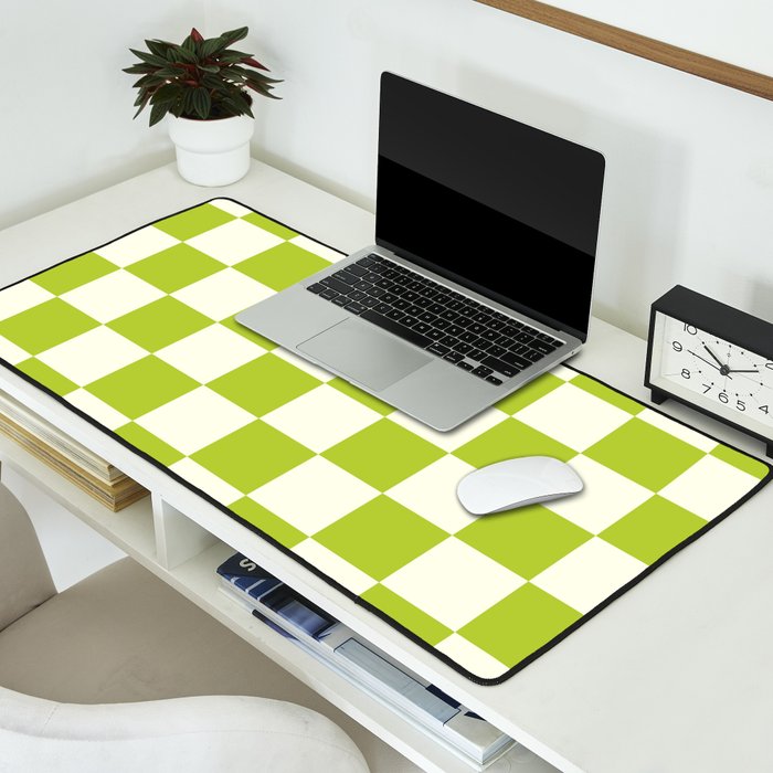 Retro vintage check: neon green and ice cream white Desk Mat Gallery Image 2