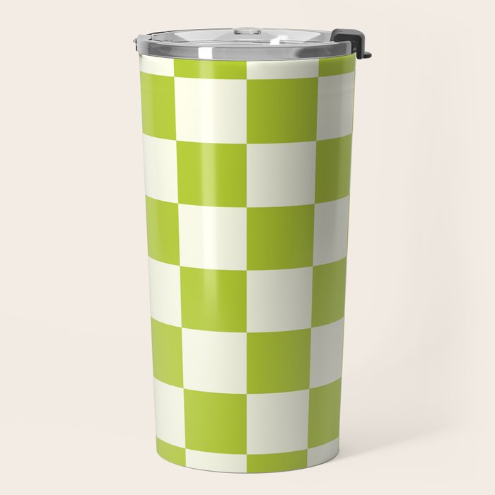 Retro vintage check: neon green and ice cream white Travel Mug Gallery Image 2