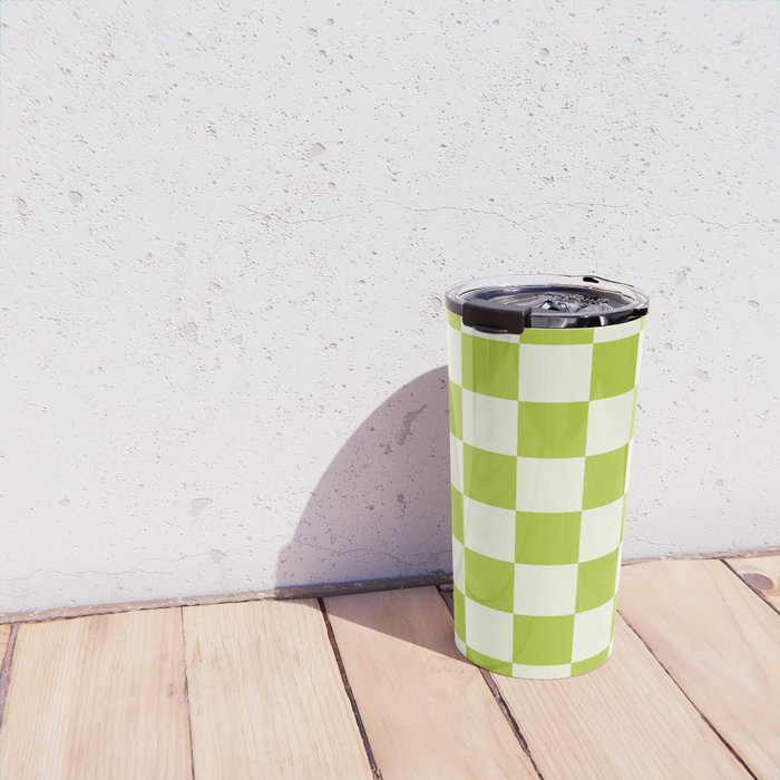 Retro vintage check: neon green and ice cream white Travel Mug Gallery Image 4