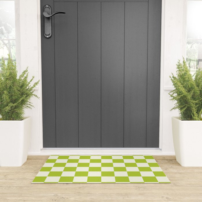 Retro vintage check: neon green and ice cream white Welcome Mat Gallery Image 3