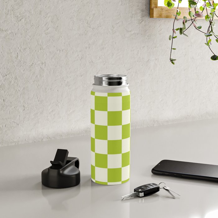 Retro vintage check: neon green and ice cream white Water Bottle Gallery Image 4
