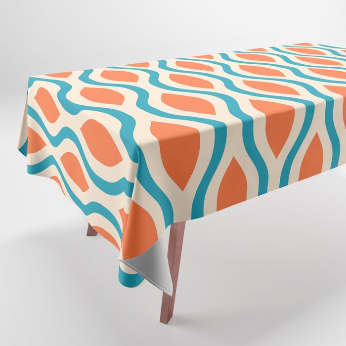 Mid Century Modern Decoration 442 Orange Beige and Turquoise Tablecloth Gallery Image 1