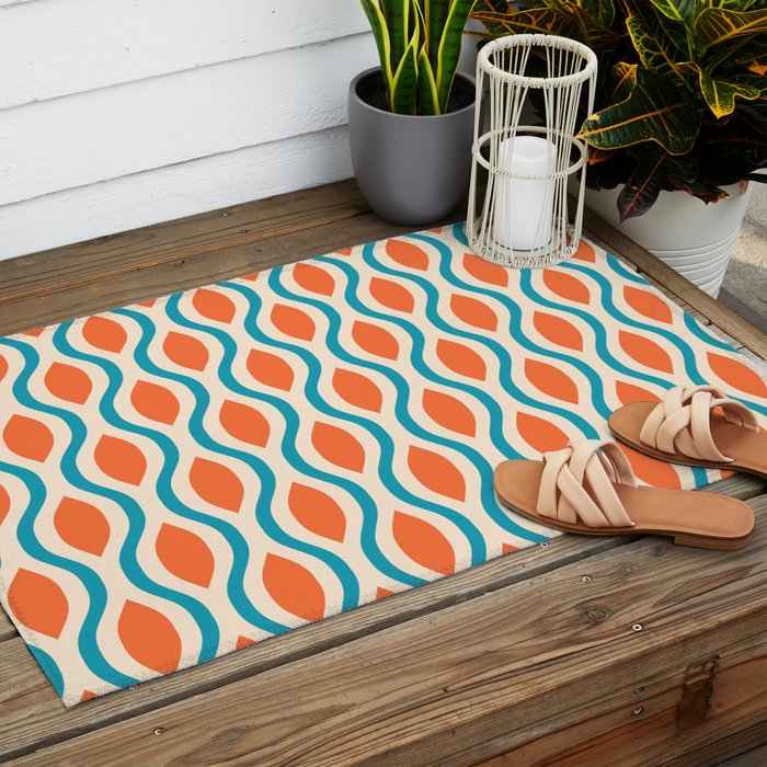 Mid Century Modern Decoration 442 Orange Beige and Turquoise Outdoor Rug Gallery Image 2
