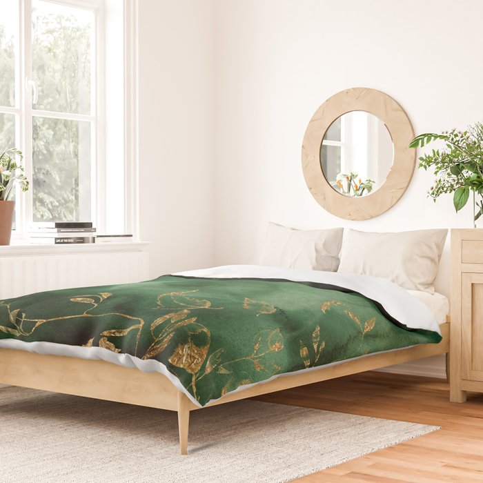 Winter Gold Flowers On Emerald Marble Texture Duvet Cover Gallery Image 2
