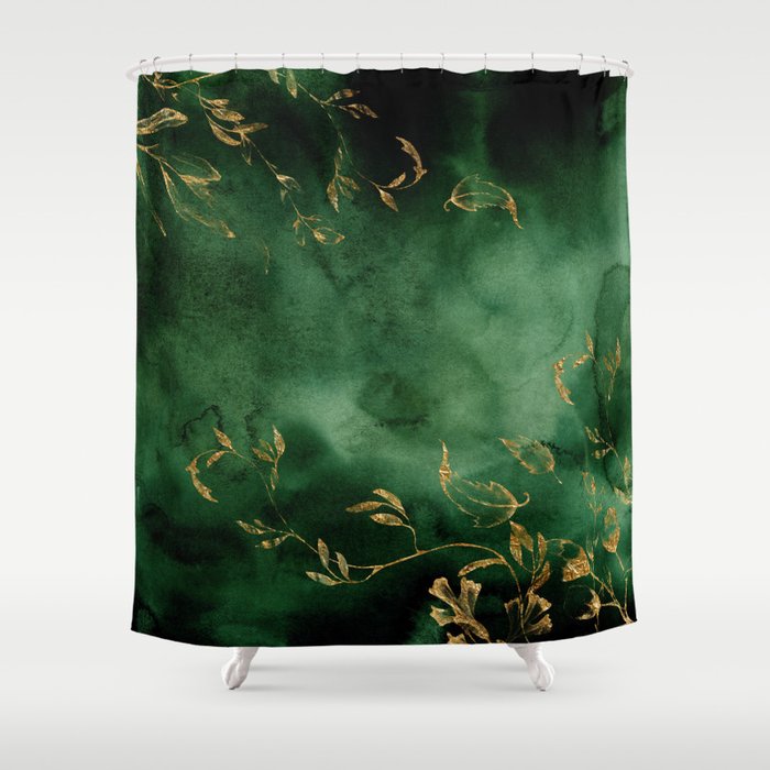 Winter Gold Flowers On Emerald Marble Texture Shower Curtain Gallery Image 1