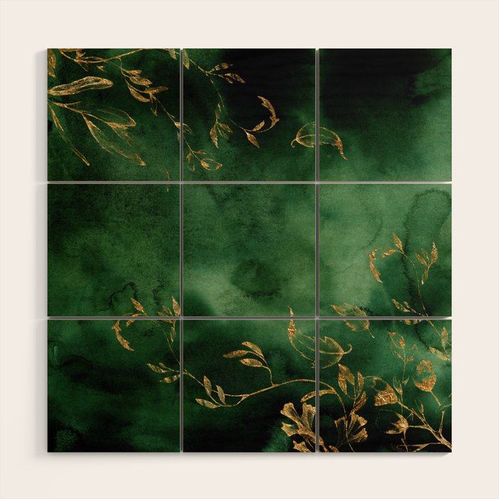 Winter Gold Flowers On Emerald Marble Texture Wood Wall Art Gallery Image 1
