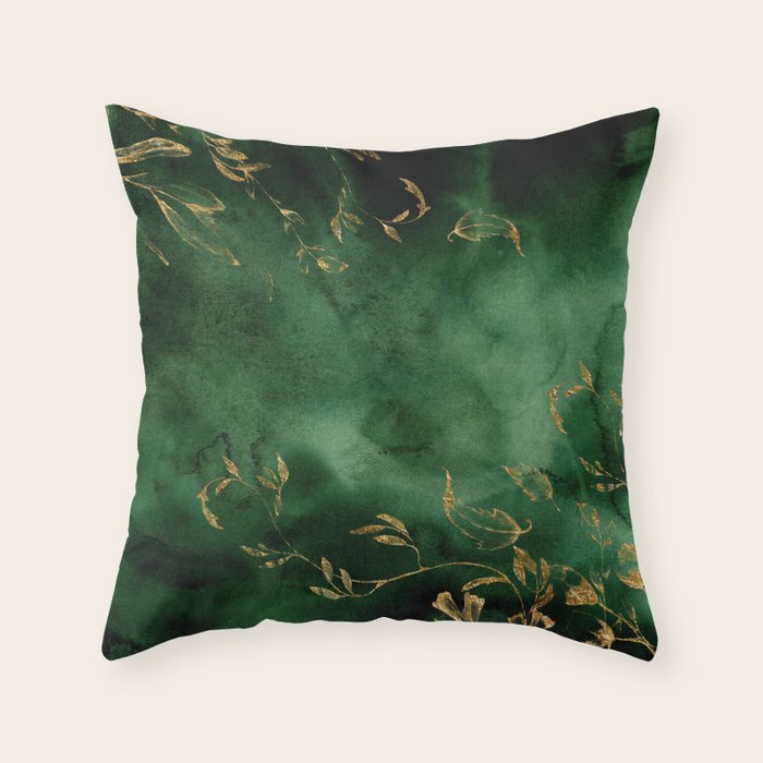 Winter Gold Flowers On Emerald Marble Texture Throw Pillow Gallery Image 6
