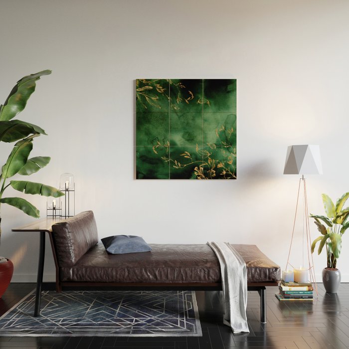 Winter Gold Flowers On Emerald Marble Texture Wood Wall Art Gallery Image 2