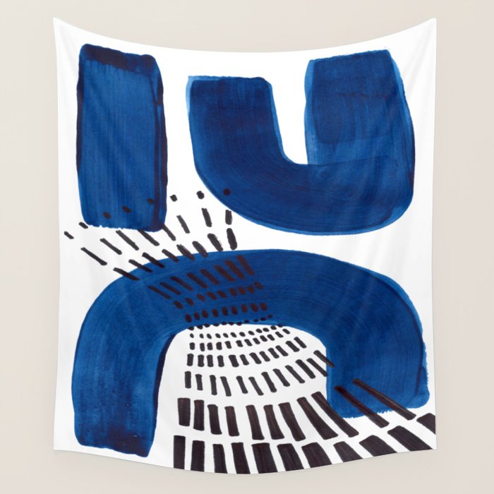 Abstract Expressionism Mid Century Modern Acrylic Painting Minimalist Art Navy Blue Black Line Patte Wall Tapestry Gallery Image 4