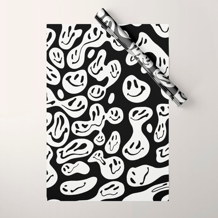 Black and White Dripping Smiley Wrapping Paper Gallery Image 1