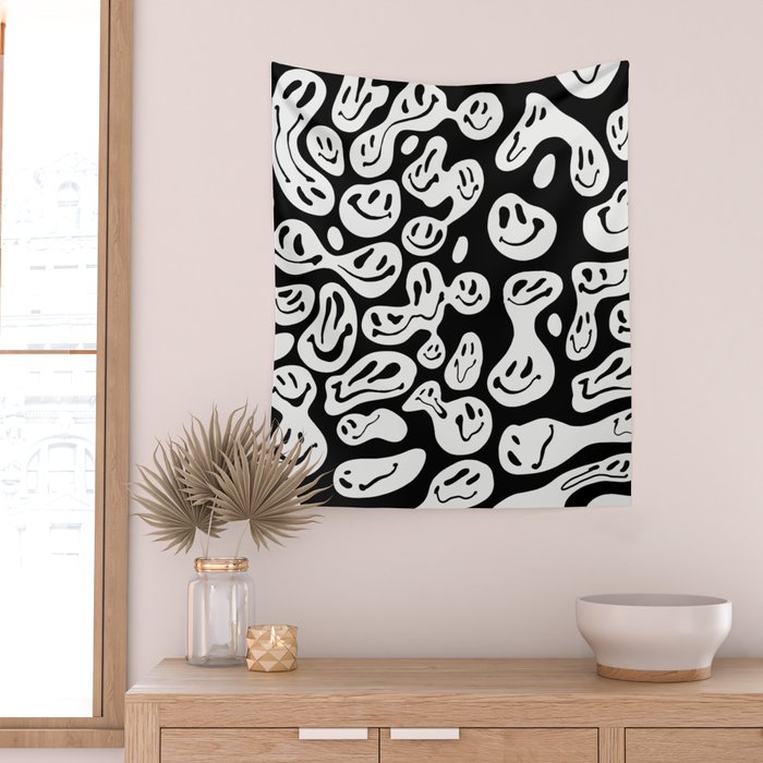 Black and White Dripping Smiley Wall Tapestry Gallery Image 2