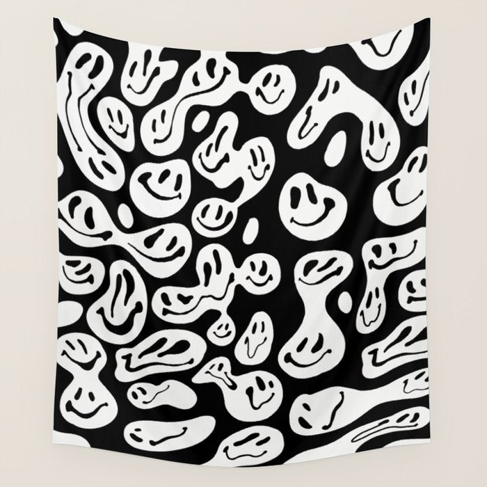 Black and White Dripping Smiley Wall Tapestry Gallery Image 1