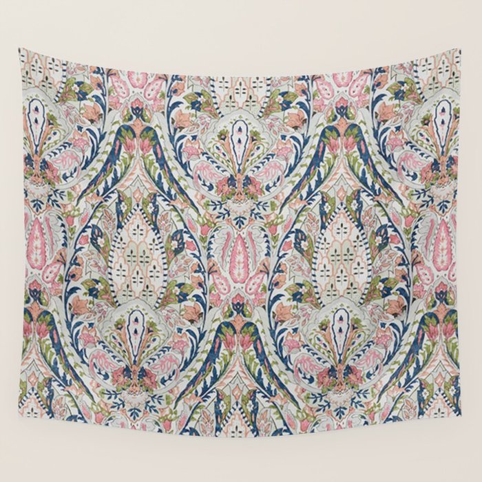 Pink Blue Green Leaf Flower Paisley Wall Tapestry Gallery Image 1