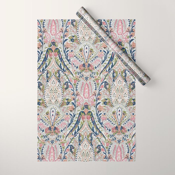 Pink Blue Green Leaf Flower Paisley Wrapping Paper Gallery Image 1