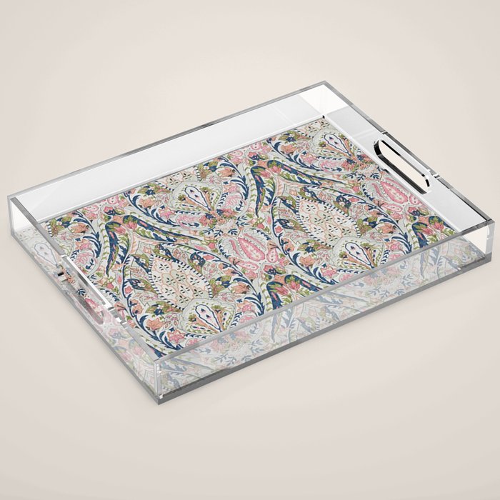 Pink Blue Green Leaf Flower Paisley Acrylic Tray Gallery Image 1