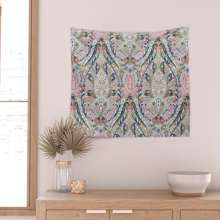 Pink Blue Green Leaf Flower Paisley Wall Tapestry Gallery Image 2