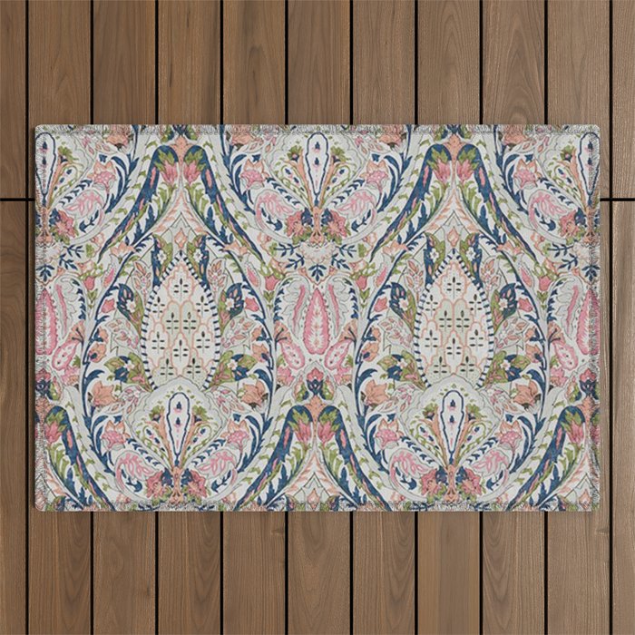 Pink Blue Green Leaf Flower Paisley Outdoor Rug Gallery Image 1