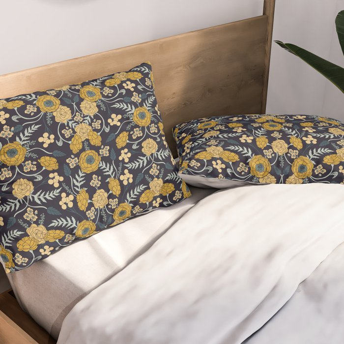 Navy Blue, Turquoise, Cream & Mustard Yellow Dark Floral Pattern Pillow Sham Gallery Image 2