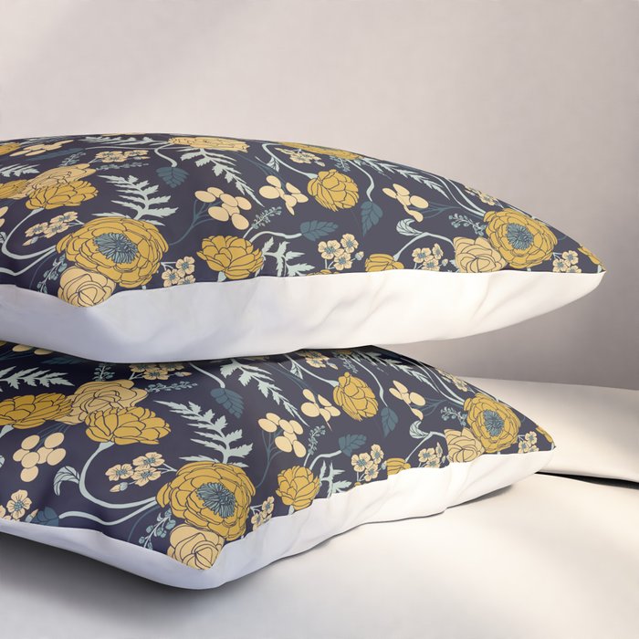 Navy Blue, Turquoise, Cream & Mustard Yellow Dark Floral Pattern Pillow Sham Gallery Image 3