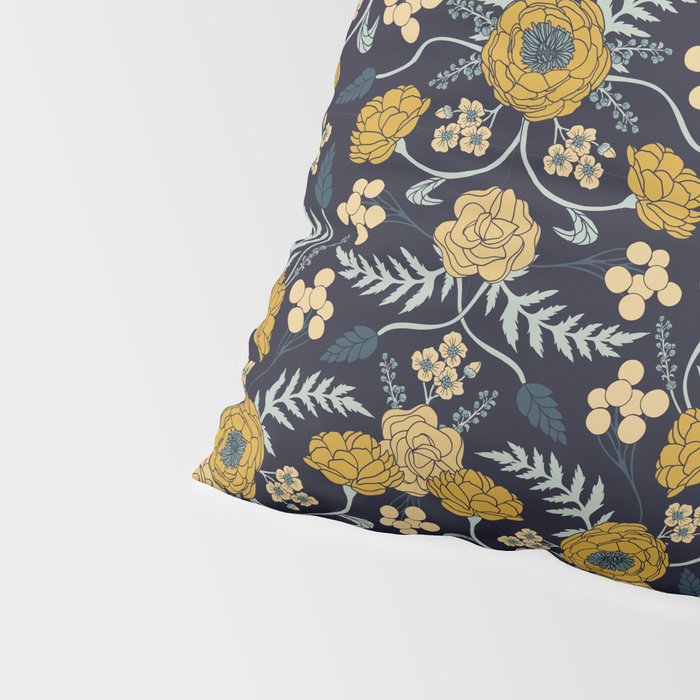 Navy Blue, Turquoise, Cream & Mustard Yellow Dark Floral Pattern Pillow Sham Gallery Image 4