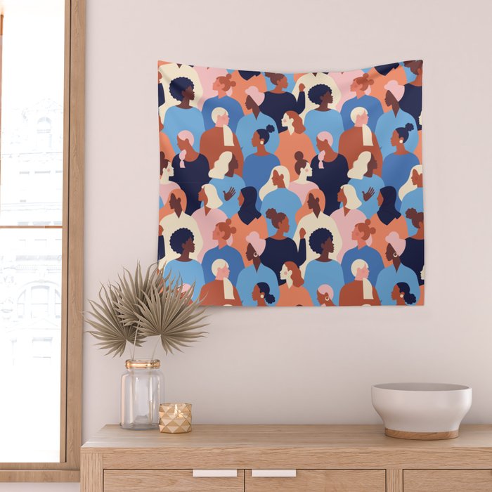 Female diverse faces of different ethnicity blue Wall Tapestry Gallery Image 2