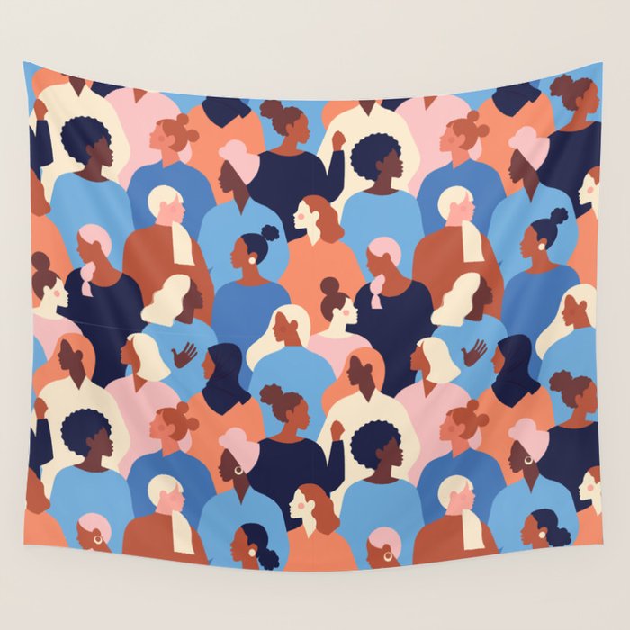 Female diverse faces of different ethnicity blue Wall Tapestry Gallery Image 1