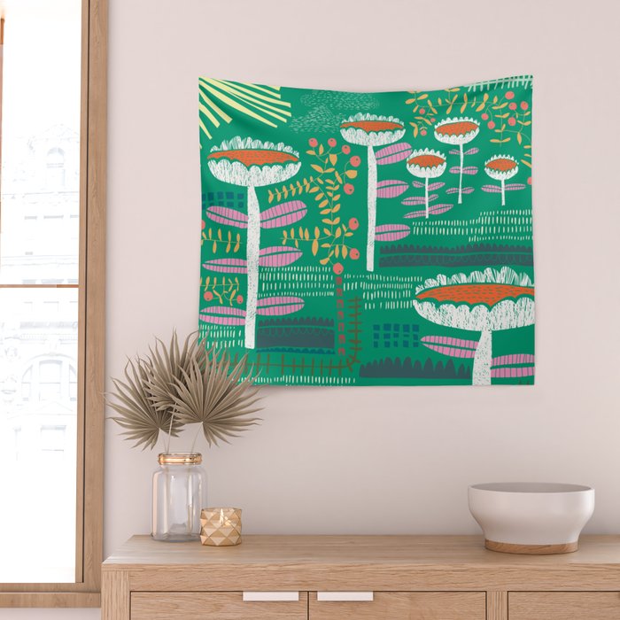 Block print bold flower green Wall Tapestry Gallery Image 2