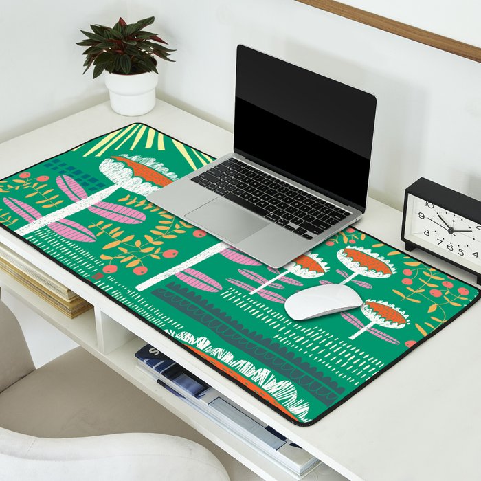 Block print bold flower green Desk Mat Gallery Image 2