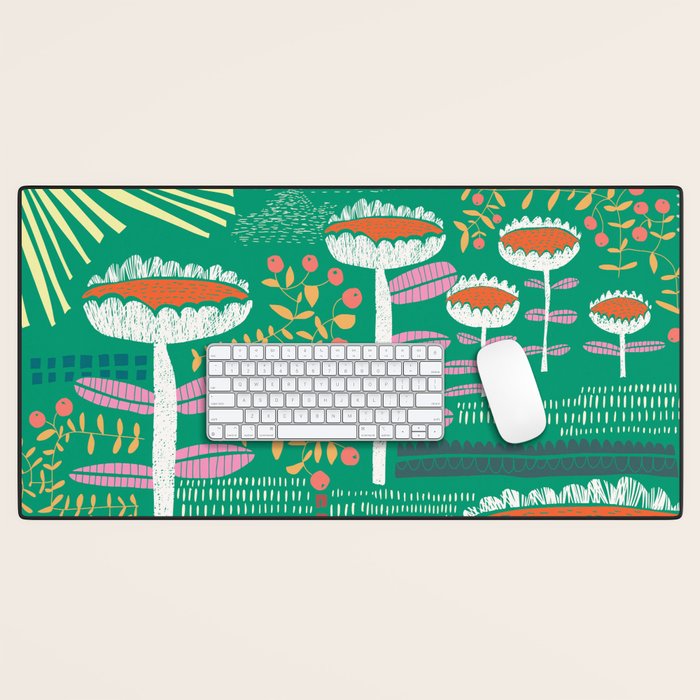 Block print bold flower green Desk Mat Gallery Image 1