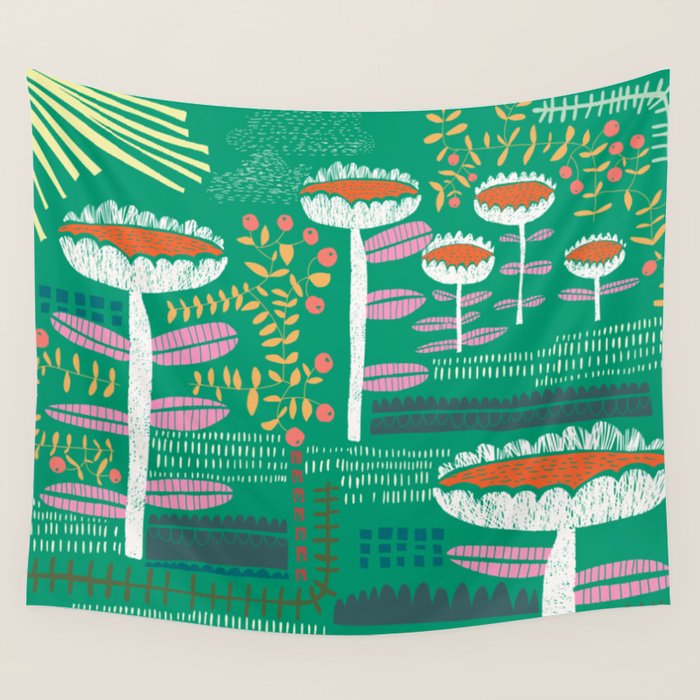 Block print bold flower green Wall Tapestry Gallery Image 1