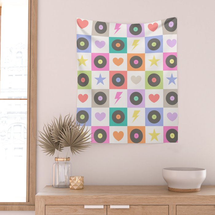 Colorful Checkerboard 80s - Pastel Colors Wall Tapestry Gallery Image 2