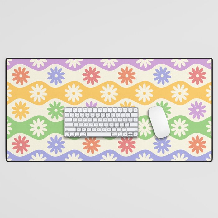 Retro Wavy Stripes with Colorful Flowers Desk Mat Gallery Image 1