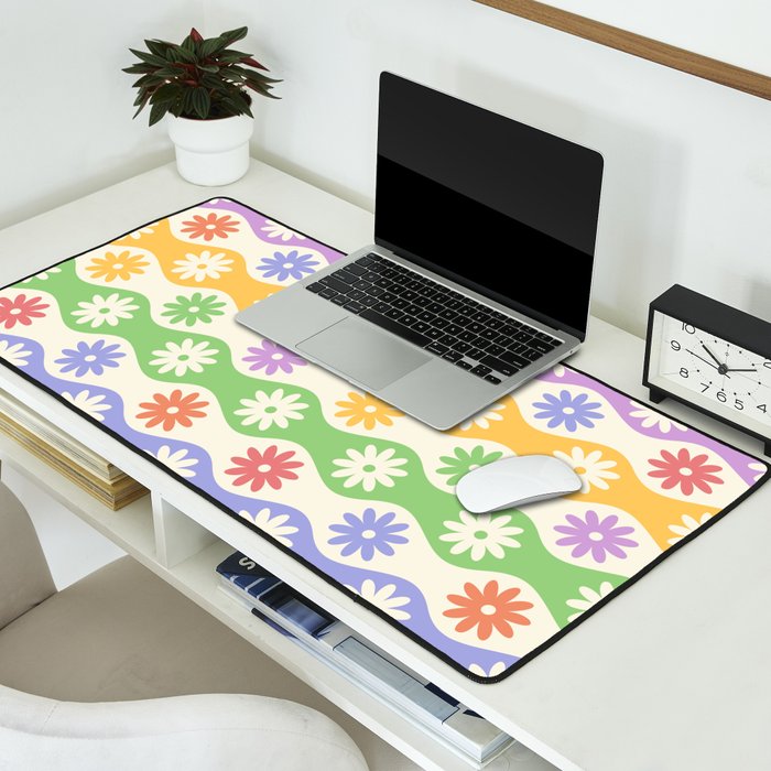 Retro Wavy Stripes with Colorful Flowers Desk Mat Gallery Image 2