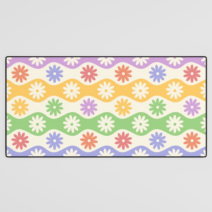 Retro Wavy Stripes with Colorful Flowers Desk Mat Gallery Image 3
