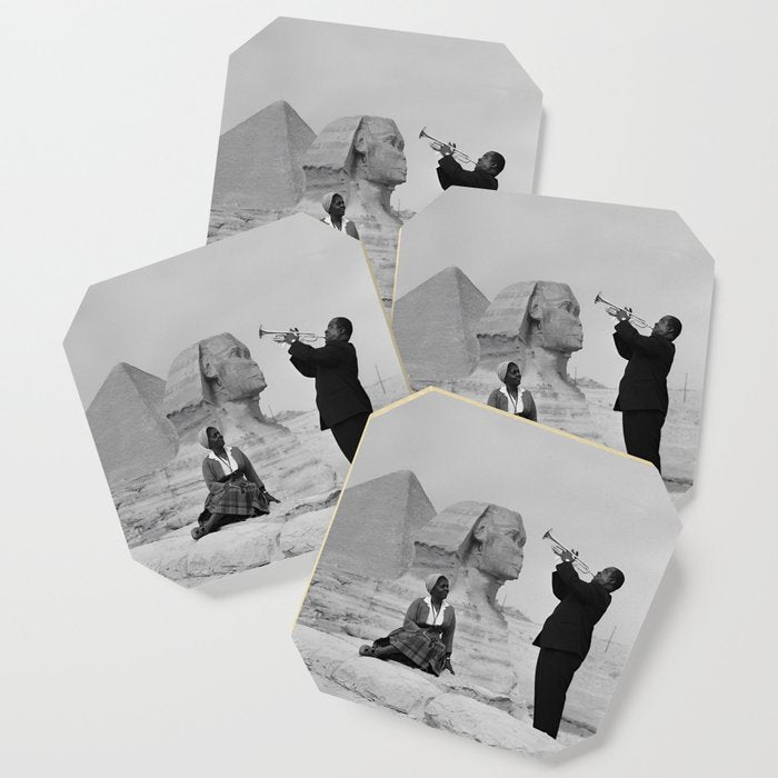 Louis Armstrong at the Spinx and Egyptian Pyrimids Vintage black and white photography / photographs Coaster Gallery Image 1