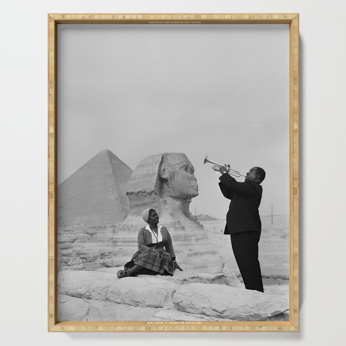 Louis Armstrong at the Spinx and Egyptian Pyrimids Vintage black and white photography / photographs Serving Tray Gallery Image 1