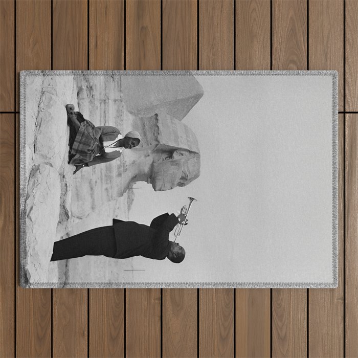 Louis Armstrong at the Spinx and Egyptian Pyrimids Vintage black and white photography / photographs Outdoor Rug Gallery Image 1