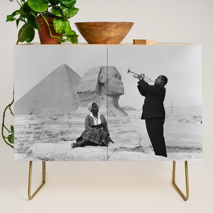 Louis Armstrong at the Spinx and Egyptian Pyrimids Vintage black and white photography / photographs Credenza Gallery Image 1