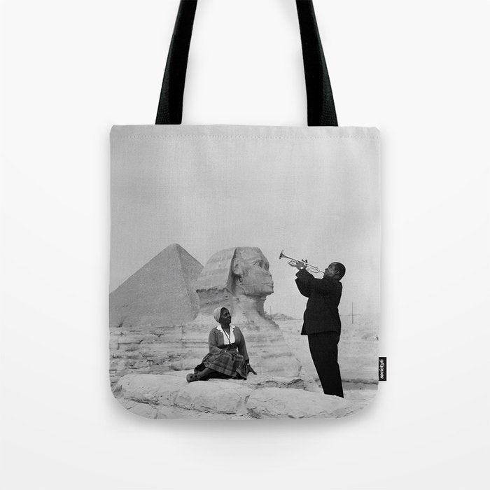 Louis Armstrong at the Spinx and Egyptian Pyrimids Vintage black and white photography / photographs Tote Bag Gallery Image 1