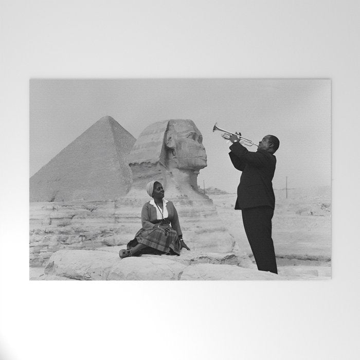 Louis Armstrong at the Spinx and Egyptian Pyrimids Vintage black and white photography / photographs Welcome Mat Gallery Image 1