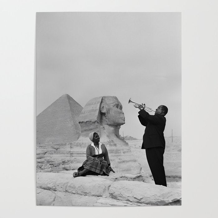 Louis Armstrong at the Spinx and Egyptian Pyrimids Vintage black and white photography / photographs Poster Gallery Image 1