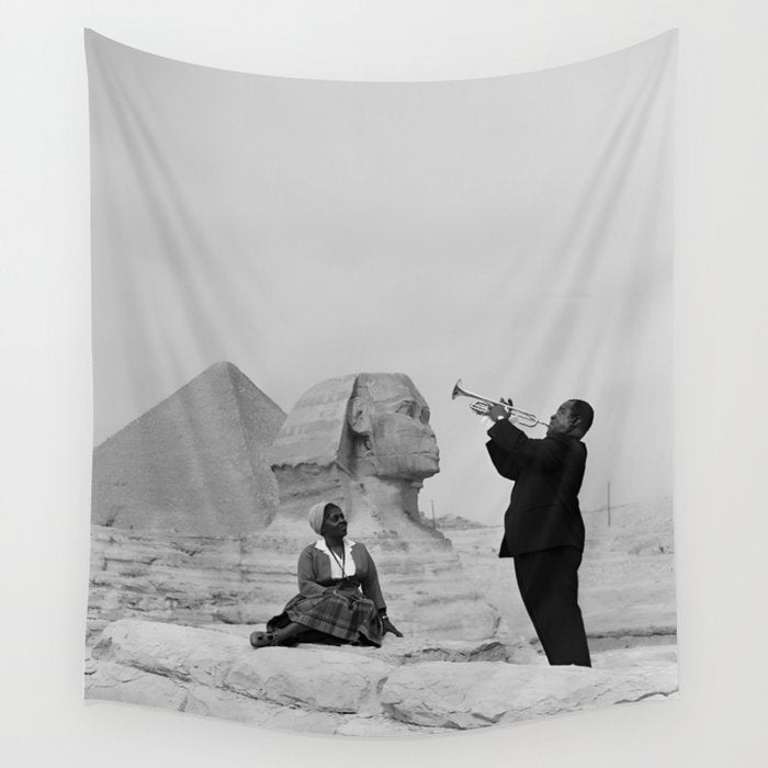 Louis Armstrong at the Spinx and Egyptian Pyrimids Vintage black and white photography / photographs Wall Tapestry Gallery Image 1
